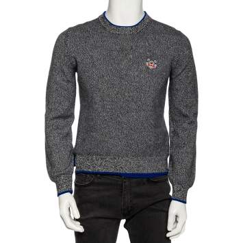 Pre Owned Kenzo Grey Wool Contrast Trimmed Long Sleeve Sweater M 
