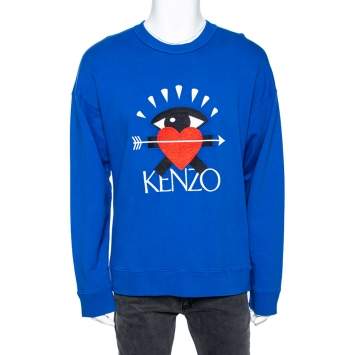 Pre Owned Kenzo Blue Eye Heart Logo Embroidered Cotton Crewneck Sweatshirt L