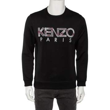 Pre Owned Kenzo Black Logo Embroidered Cotton Crewneck Sweatshirt M