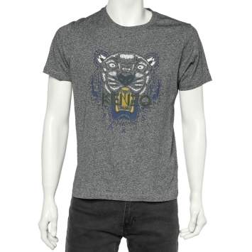 مملوكة مسبقًا Kenzo Charcoal Grey Tiger Printed Cotton Knit Crewneck T-Shirt M
