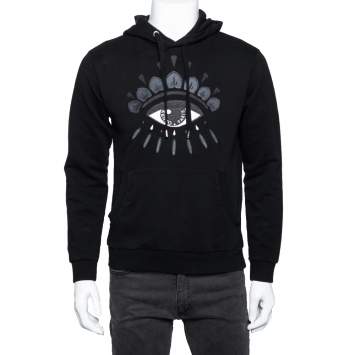 Pre Owned Kenzo Black Cotton Eye Embroidered Knit Oversized Hoodie S