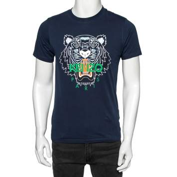 Pre Owned  Kenzo Navy Blue Tiger Printed Cotton Crew Neck Short Sleeve T-Shirt S