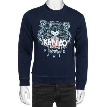 Pre Owned Kenzo Navy Blue Knit Tiger Embroidered Crew Neck Long Sleeve Sweatshirt M