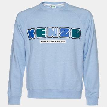 Pre Owned Kenzo Blue Mélange Terry Knit Logo Print Sweatshirt M