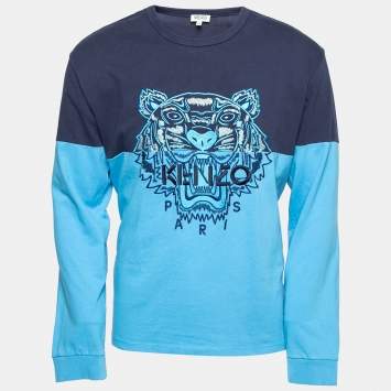 Pre Owned Kenzo Blue Cotton Tiger Embroidered Crew Neck Long Sleeve T-Shirt M