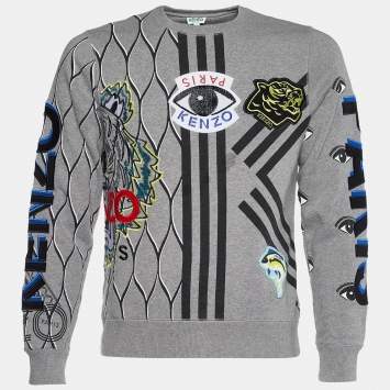 Pre Owned Kenzo Grey Cotton Multi Icon Detail Embroidered Sweatshirt M