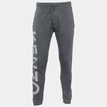 Pre Owned Kenzo Grey Logo Printed Knit Elasticized Waist Joggers S