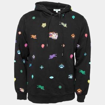 Pre Owned Kenzo Black Cotton All Over Printed Long Sleeve Hoodie M