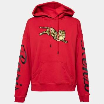 Pre Owned Kenzo Red Cotton Rib Knit Jumping Tiger Patch Hoodie M