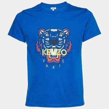 Pre Owned Kenzo Royal Blue Cotton Knit Tiger Print T-Shirt L