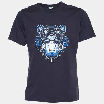 Pre Owned Kenzo Navy Blue Tiger Print Cotton Crew Neck T-Shirt L