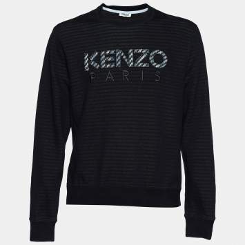 Pre Owned Kenzo Black Striped Pattern Cotton Logo Appliqued Sweatshirt XL