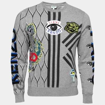 مملوكة مسبقًا Kenzo Grey Logo Printed & Embroidered Crewneck Sweatshirt S