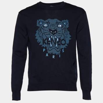 Pre Owned Kenzo Navy Blue Cotton Knit Tiger Logo Embossed Crew Neck Jumper M