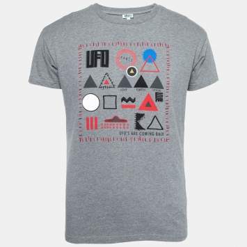 Pre Owned Kenzo Grey UFO Symbol Print Cotton T-Shirt S