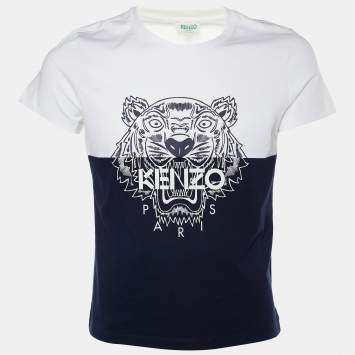 Pre Owned Kenzo Navy & White Colorblock Tiger Print Cotton Crew Neck T-Shirt L