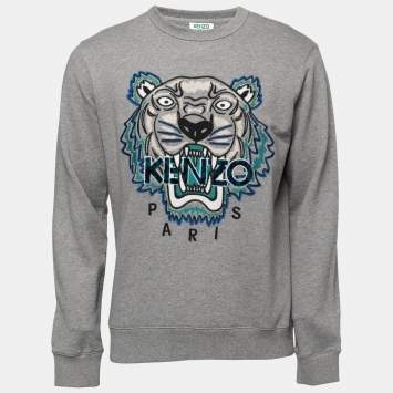 Pre Owned Kenzo Grey Tiger Motif Embroidered Cotton Sweatshirt S