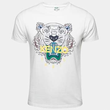 Pre Owned Kenzo White Tiger Motif Print Cotton Crew Neck T-Shirt S