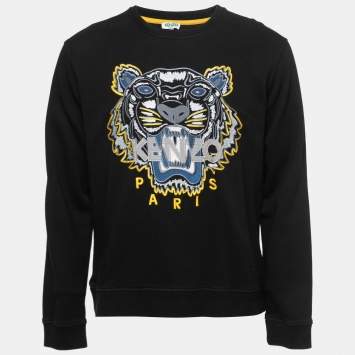 Pre Owned Kenzo Black Cotton Knit Tiger Embroidered Motif Sweatshirt L