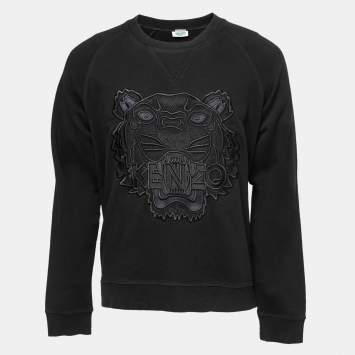 Pre Owned Kenzo Black Cotton Knit Tiger Embroidered Motif Sweatshirt L