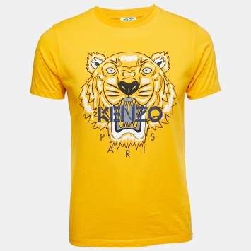Pre Owned Kenzo Yellow Tiger Print Cotton Crew Neck T-Shirt S