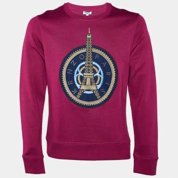 Pre Owned Kenzo Magenta Eiffel Tower Embroidered Cotton Crew Neck Sweatshirt L
