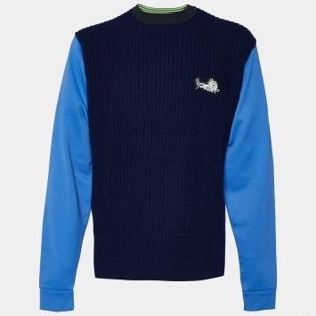 Pre Owned Kenzo Blue Wool Knit Contrast Sleeve Sweater M