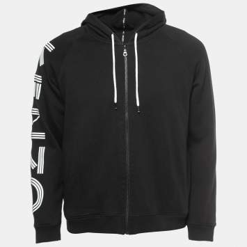 Pre Owned Kenzo Black Knit Logo Printed Sleeve Detailed Hoodie L