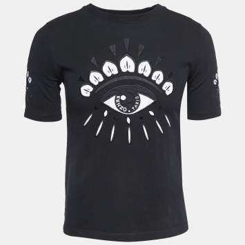 Pre Owned Kenzo Black Eye Embroidered Cotton Crew Neck Half Sleeve T-Shirt XS