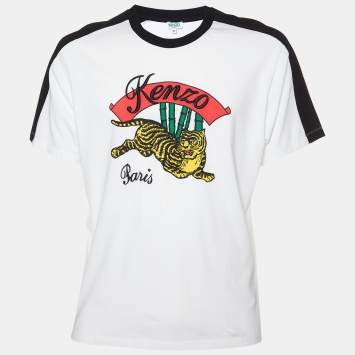 Pre Owned Kenzo White Tiger Printed Cotton Contrast Detail T-Shirt XL