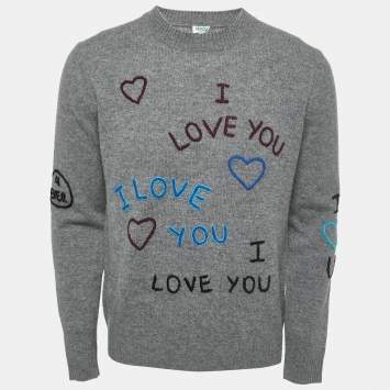 Pre Owned Kenzo Grey I Love You Embroidered Wool Crew Neck Sweater M
