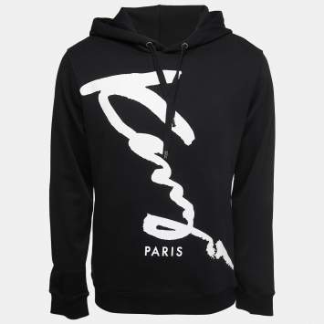 Pre Owned Kenzo Black Logo Print Cotton Knit Hoodie M