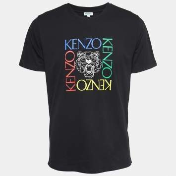 Pre Owned Kenzo Black Logo Print Cotton Crew Neck Half Sleeve T-Shirt L