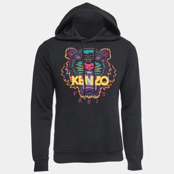Pre Owned Kenzo Black Logo Embroidered Cotton Knit Hoodie XS