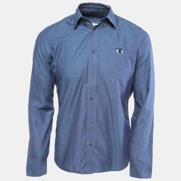 Pre Owned Kenzo Navy Blue Cotton Eye Embroidered Button Down Shirt M