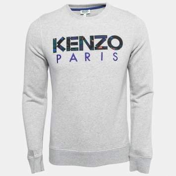 Pre Owned Kenzo Grey Logo Embroidered Cotton Crew Neck Sweatshirt S