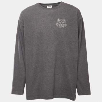 Pre Owned Kenzo Grey  Logo Embroidered Cotton Crew Neck Sweatshirt L