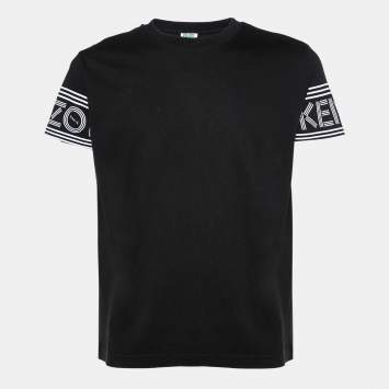 Pre Owned Kenzo Black Cotton Knit Logo Cuff Printed T-Shirt L 