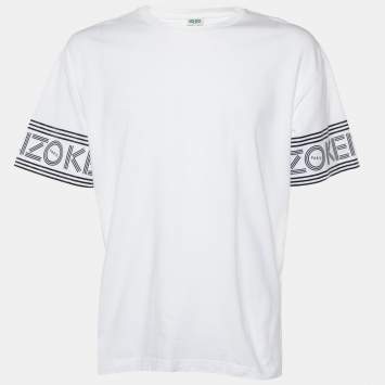 Pre Owned Kenzo White Cotton Knit Logo Printed Sleeve Detail T-Shirt XL
