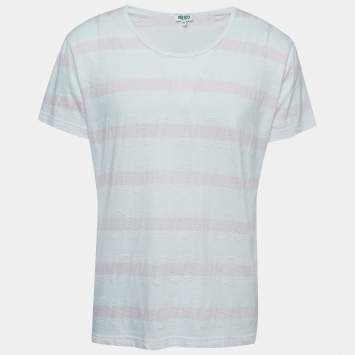 Pre Owned Kenzo White/Pink Patterned Cotton Crew Neck Half Sleeve T-Shirt M