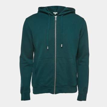 Pre Owned Kenzo Dark Green Logo Print Cotton Zip Front Hooded Jacket S