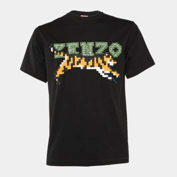 Pre Owned Kenzo Black Pixel Logo Embroidered Cotton Knit T-Shirt S
