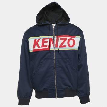 Pre Owned Kenzo Navy Blue Gabardine Logo Detailed Zip Front Hooded Jacket S