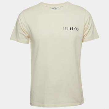 Pre Owned Kenzo Light Yellow Logo Print Cotton Crew Neck T-Shirt L