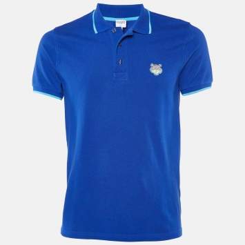 Pre Owned Kenzo Blue Cotton Pique Tiger Patch K-Fit Polo T-Shirt S