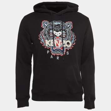 Pre Owned Kenzo Black Tiger Embroidered Cotton knit Hoodie M