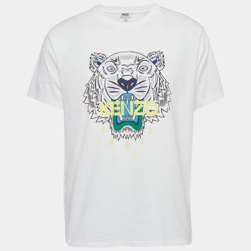 Pre Owned Kenzo White Logo Print Cotton Crew Neck T-Shirt XL