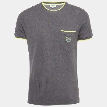 Pre Owned Kenzo Grey/Neon Yellow Cotton Pique Pocket Detail Round Neck T-Shirt S