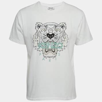 Pre Owned Kenzo White Logo Print Cotton Knit Crew Neck T-Shirt L
