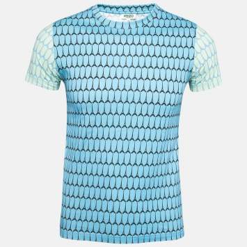 Pre Owned Kenzo Blue Printed Cotton Crew Neck Short Sleeve T-Shirt XS